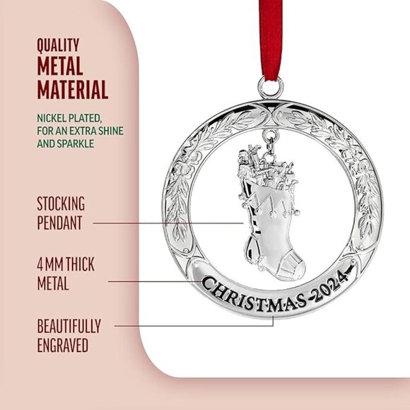 Christmas 3" x 3" Silver Wreath with Stocking Pendant Engraved Tree Ornament - Picture 2 of 8